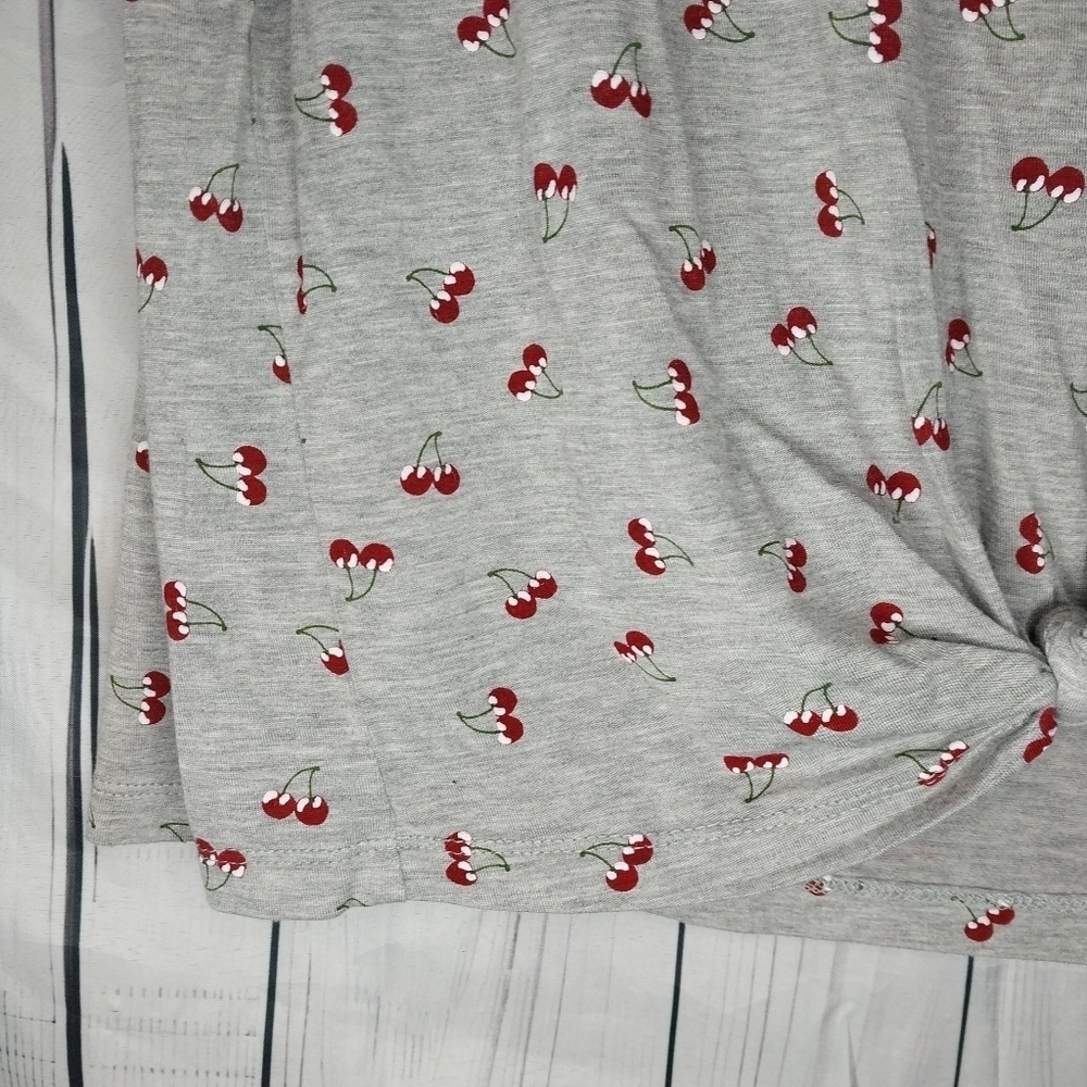 Belle Du Jour Gray Cherry Print Tie Front Casual Crew Neck Y2K Style Shirt - Picture 5 of 10
